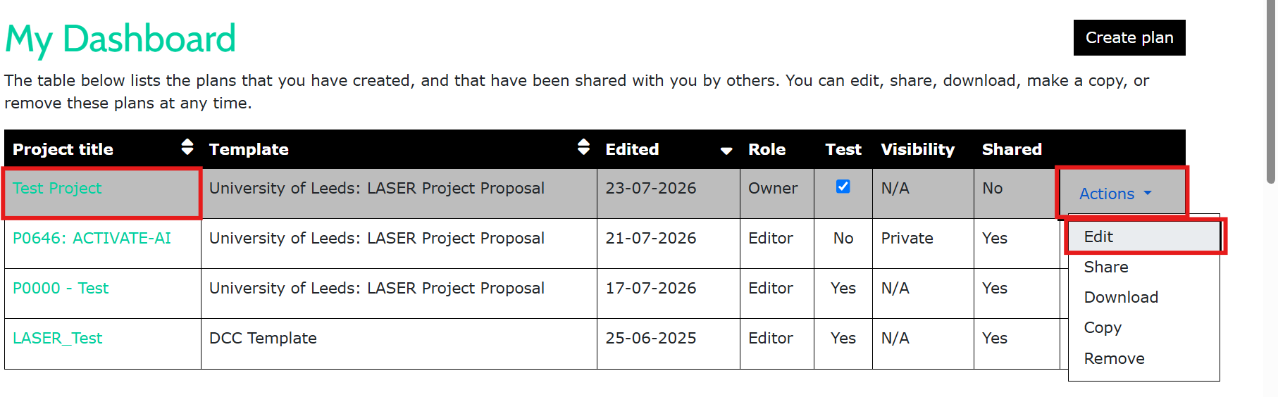 Access an existing plan page the project titles already created