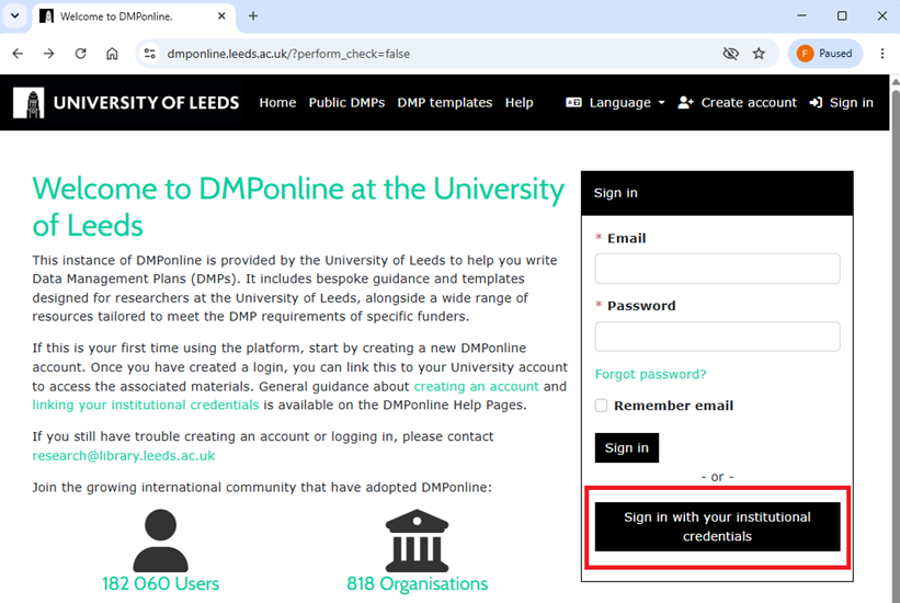 DMPonline sign-in page with the "Sign in with your institutional credentials" button highlighted