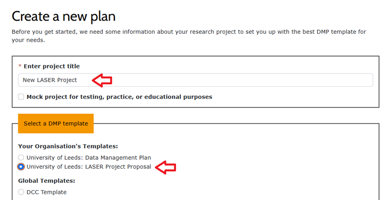 Create a new plan page showing the project title field and the LASER Project Proposal template selected