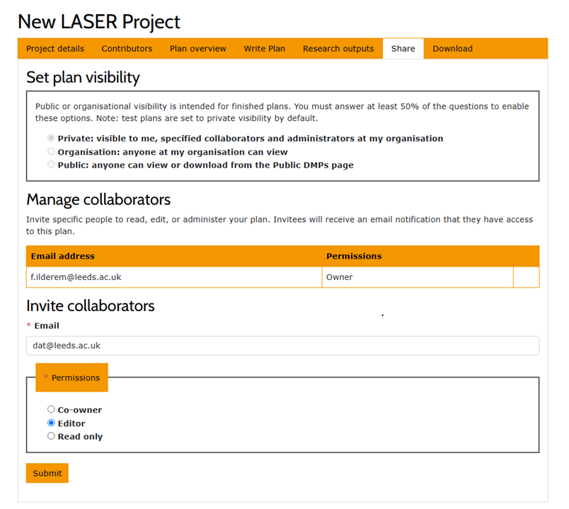 Share tab showing the invite collaborators form with dat@leeds.ac.uk entered and Editor permission selected