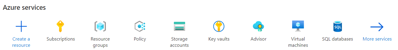 Screenshot showing the available Azure resources at the top of the Azure Portal home page