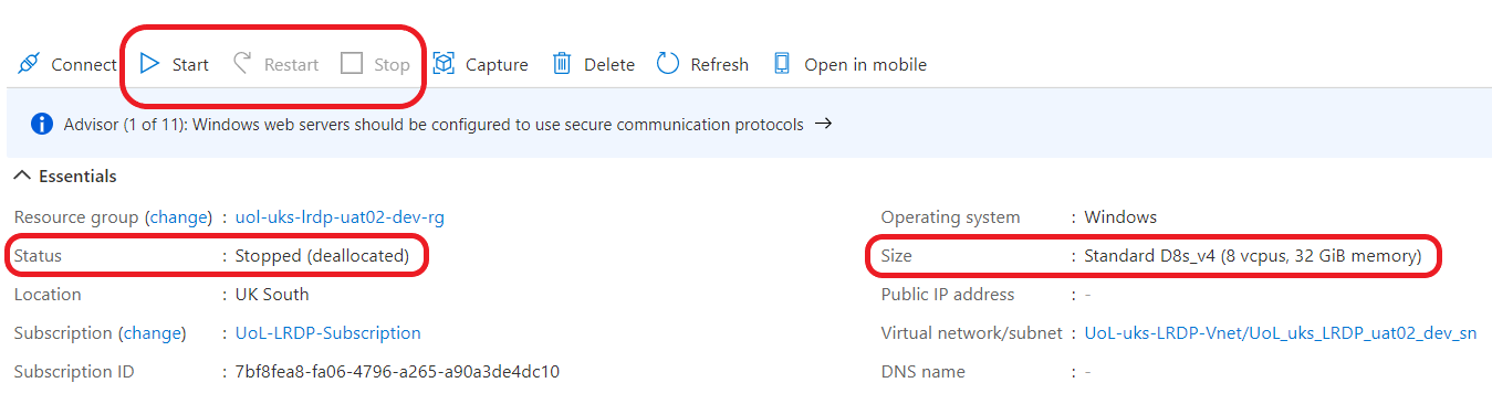 Screenshot of an Azure VM page, highlighting the start and stop buttons, the status details and size details
