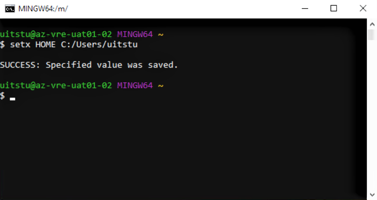 Screenshot of git bash illustrating success after setting your home directory
