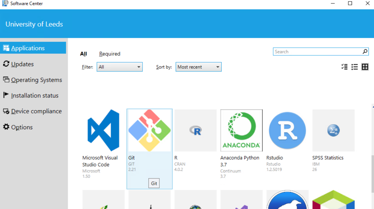 Screenshot showing the software options available in Software Center