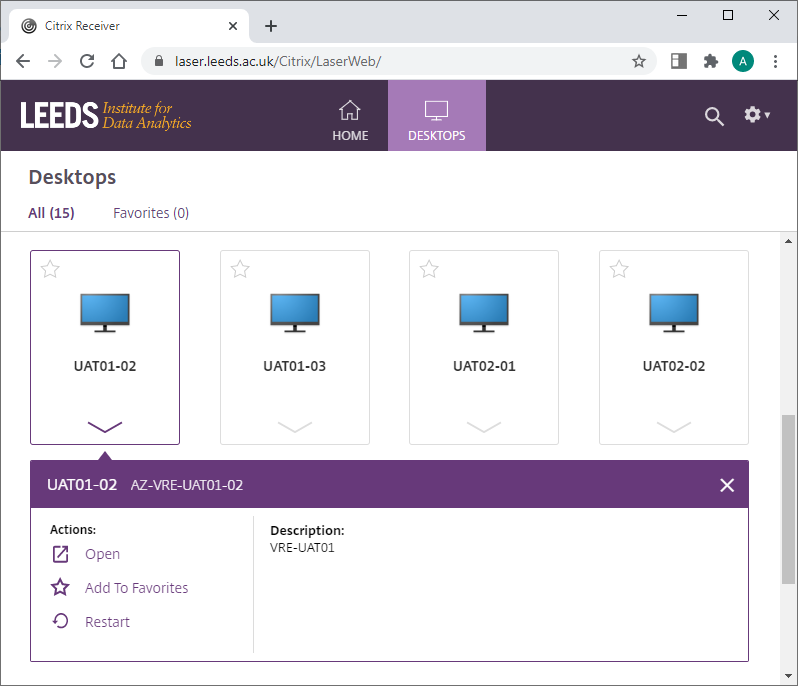 Screenshot of virtual machine selection on the Citrix storefront