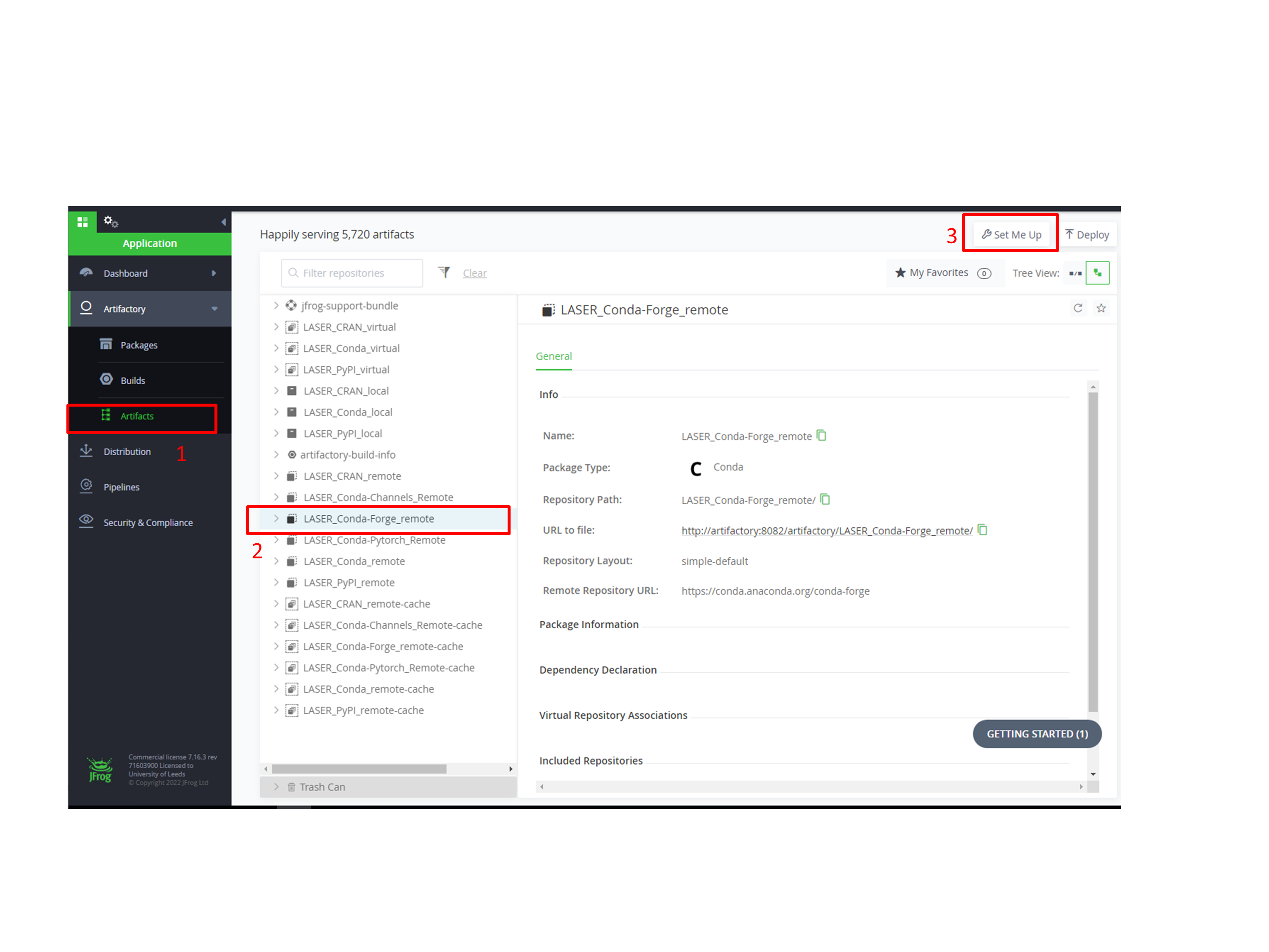 Screenshot highlighting the three steps to follow when setting up conda forge in Artifactory