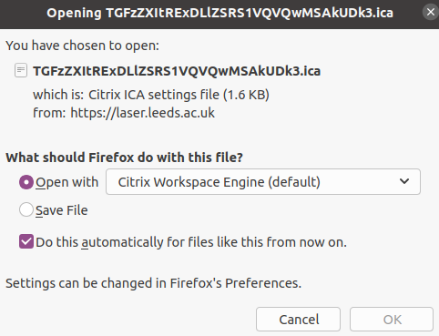 Screenshot of the popup prompting to always open ICA files with Citrix
